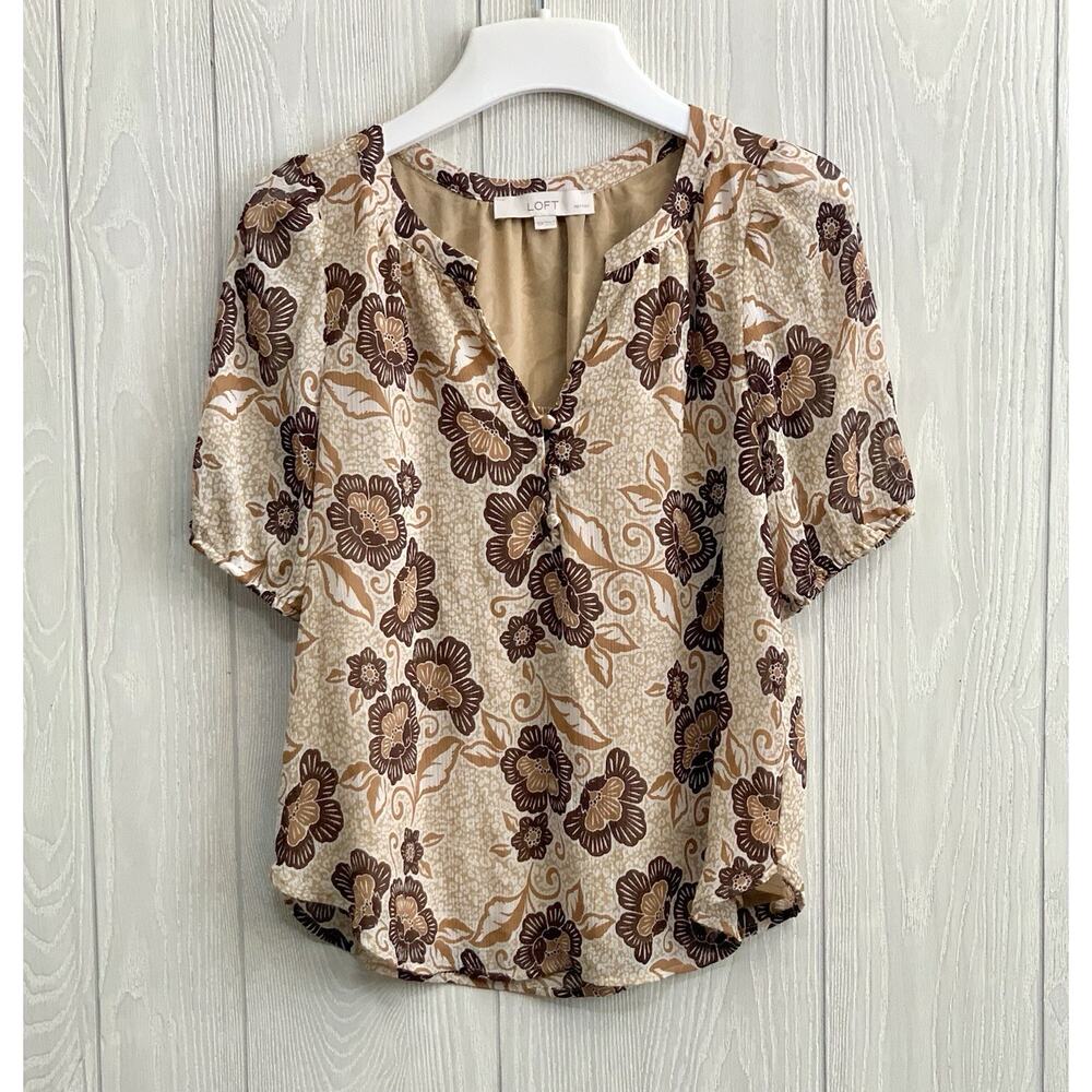 Loft Petites Floral Brown Puff Sleeve Top XSP - Picture 2 of 5